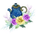 Vintage watercolor teatime party ceramic and rose flower blossom leaves foliage splash bouquet wreath for wallpaper, fabric,