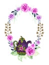 Vintage watercolor teatime party ceramic and rose pink purple color flower blossom leaves foliage splash template wreath for