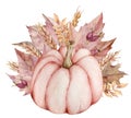 Vintage watercolor thanksgiving illustration. Hand-drawn pink pumpkin with autumn leaves and ears of wheat.