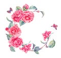 Vintage watercolor wreath with pink camellia