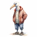 Vintage Watercolored Albatross: Realistic Surrealism Bird Wearing Jacket And Jeans