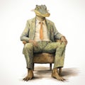 Vintage Watercolored Alligator Man In Arm Chair With Blue Tie