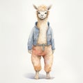 Vintage Watercolored Alpaca Illustration With Single Figure Full Body