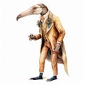 Vintage Watercolored Full Body Anteater Illustration - No Background