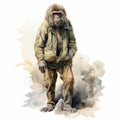 Vintage Watercolored Baboon Full Body Single Figure Artwork