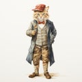 Vintage Watercolored Cat In Trench Coat And Hat