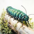 Vintage Watercolored Caterpillar On Log - Hyperrealistic Illustration