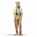 Vintage Watercolored Cheetah Man Sketch In Classicist Style