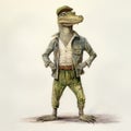 Vintage Watercolored Crocodile Cartoon In Stylish Costume Design