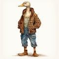 Vintage Watercolored Duck Illustration In Denim Overcoat