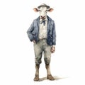 Vintage Watercolored Farm Animal In Hat And Jacket Illustration