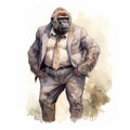 Vintage Watercolored Gorilla Illustration In Full Body Pose