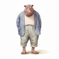 Vintage Watercolored Hippopotamus Wearing Jacket And Pants