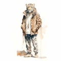 Vintage Watercolored Leopard Art Print - Single Full Body Figur