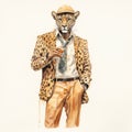 Vintage Watercolored Leopard Illustration Of Single Full Body Figur