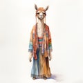 Vintage Watercolored Llama With Stylish Costume Design