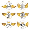Vintage Weapon Emblems set. Heraldic signs vector vintage elements collection. Royalty Free Stock Photo