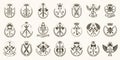 Vintage weapon vector logos or emblems, heraldic design elements big set, classic style heraldry military war armory symbols,