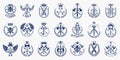 Vintage weapon vector logos or emblems, heraldic design elements big set, classic style heraldry military war armory symbols,