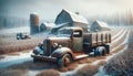 Vintage Weathered Barns Rusted Farm Truck Historic Winter Landscape Scenic Country Agriculture AI Generated Far