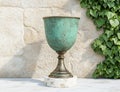 Vintage weathered copper planter on stone wall Royalty Free Stock Photo