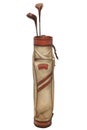 Vintage weathered golf bag with two wooden clubs isolated on white Royalty Free Stock Photo