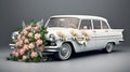 decoration on wedding car. Vintage Wedding Car Decorated with Flowers Royalty Free Stock Photo