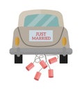 Vintage wedding car with just married sign and cans attached flat vector illustration. Royalty Free Stock Photo