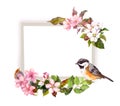 Vintage wedding card - cherry blossom flowers, cute bird. Watercolor frame for save date text Royalty Free Stock Photo