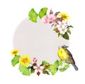 Floral card with flowers and cute bird. Royalty Free Stock Photo