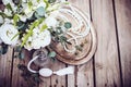 Vintage wedding decor, perfume and pearl beads, flower bouquet Royalty Free Stock Photo