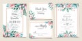 Vintage wedding invitation card template set with watercolor floral and gold border decoration. Roses and leaves botanic Royalty Free Stock Photo