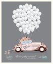 Vintage wedding invitation with just married retro car and white balloons Royalty Free Stock Photo