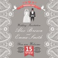 Vintage wedding invitation with Paisley border,cartoon wedding c