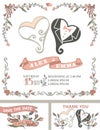 Vintage wedding invitation set.Stylized hearts