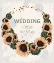 Vintage wedding invitation with sunflowers wreath Vector. Beautiful spring summer card old grunge style. 3d detailed Royalty Free Stock Photo