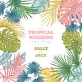 Vintage wedding invitation. Trendy tropical leaves design.