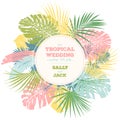 Vintage wedding invitation. Trendy tropical leaves design.