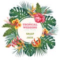 Vintage wedding invitation. Trendy tropical leaves and flowers design. Botanical vector illustration Royalty Free Stock Photo