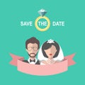Vintage wedding romantic card with ribbon, ring, bride and groom in flat style. Save the Date invitation in vector Royalty Free Stock Photo