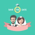 Vintage wedding romantic invitation card with ribbon,ring, bride and groom in flat style.Save the Date invite in vector Royalty Free Stock Photo