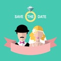 Vintage wedding romantic invitation card with ribbon, ring, bride and groom in flat style. Save the Date in vector. Royalty Free Stock Photo