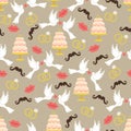 Vintage wedding seamless pattern set.Lips,mustache, pigeons,cake