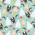 Vintage wedding seamless pattern set.Tuxedo,dress,cake