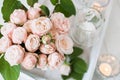 Vintage wedding table decorations with roses, candles cutlery Royalty Free Stock Photo