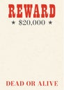 Vintage western reward placard. Wanted dead or alive poster template.