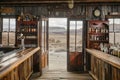 Vintage Western Saloon Interior with Classic Bar, Shelves, Beverages, and Rustic Wooden Furniture in a Desert Royalty Free Stock Photo