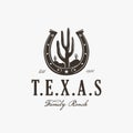 Vintage western stamp label horseshoe and desert cactus logo, cowboy ranch logo vector