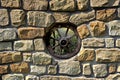 The vintage wheel in the wall made of stones