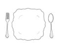 Vintage white dish plate fork and spoon hand drawn line art cute